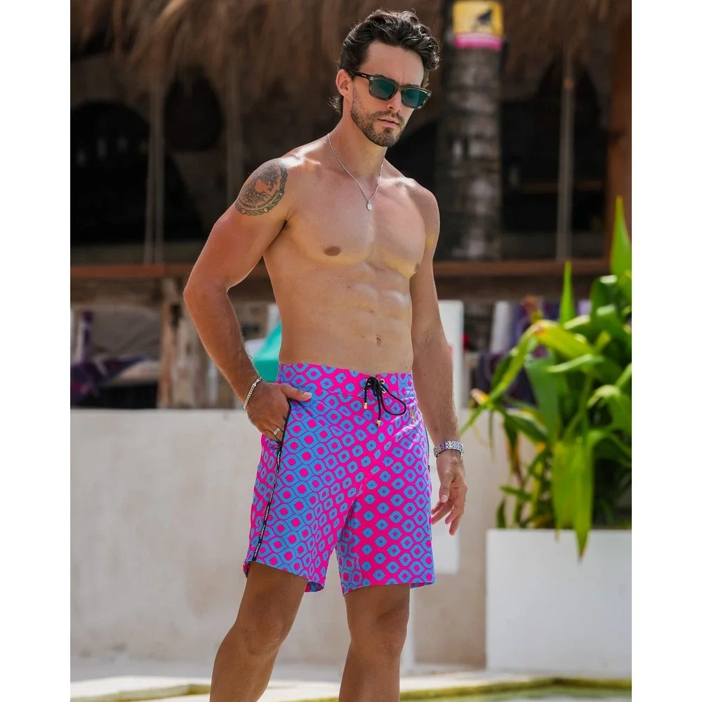 NEW Tucann Mati Flux 7 Mens Swim Trunks Pink Blue Geometric Compression Liner XL
